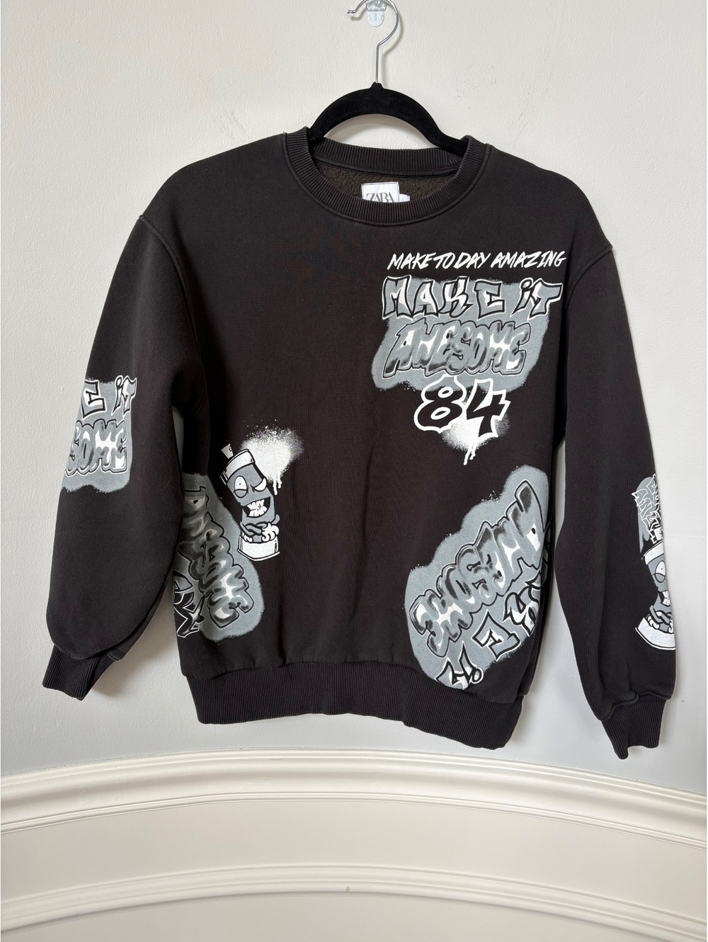 Zara Kids Streetwear Graffiti Crewneck Pullover Sweater Black Kids 11-12